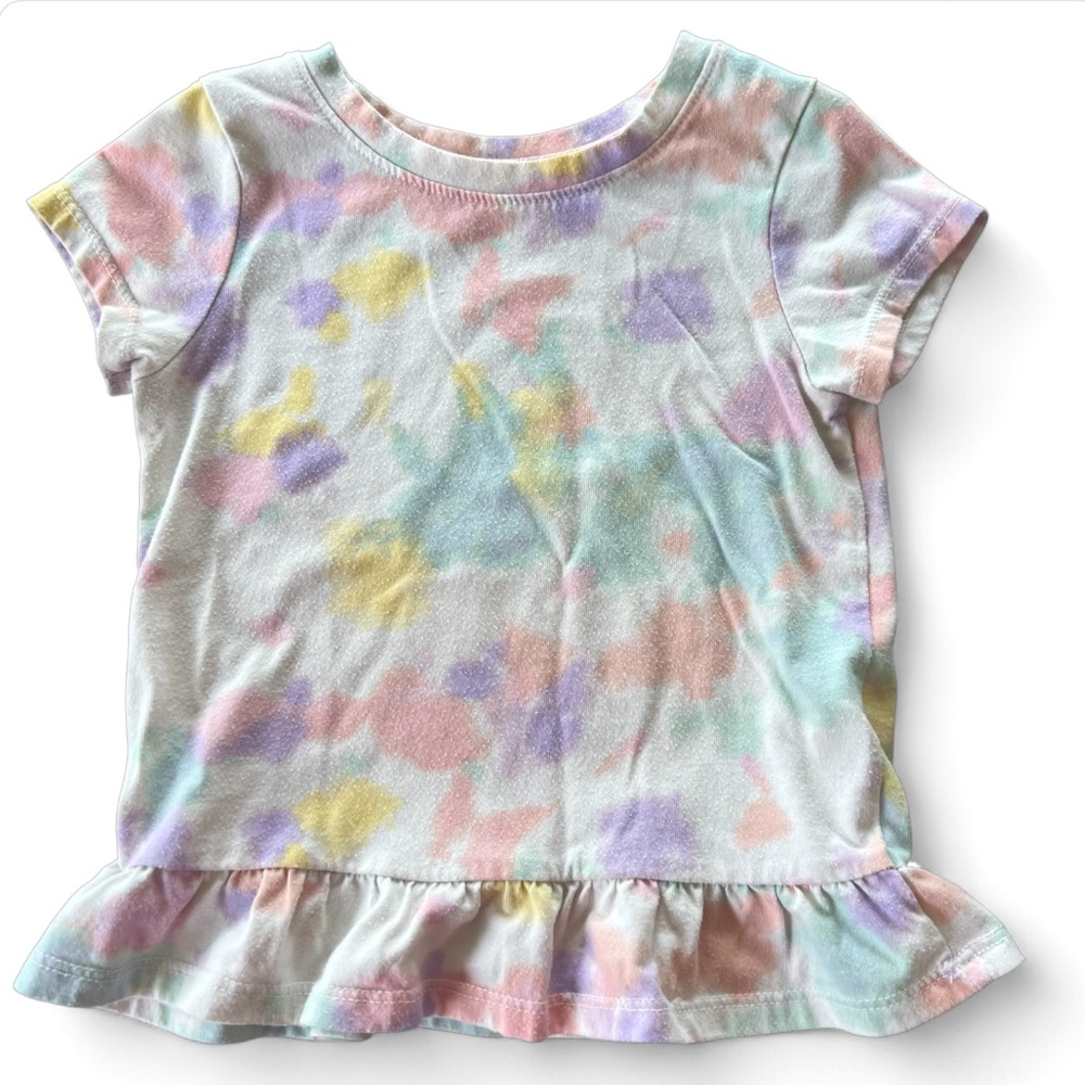CAT & JACK Colorful Tie-Dye Kids Tee Shirt with Ruffle Peplum hem 2T‎
